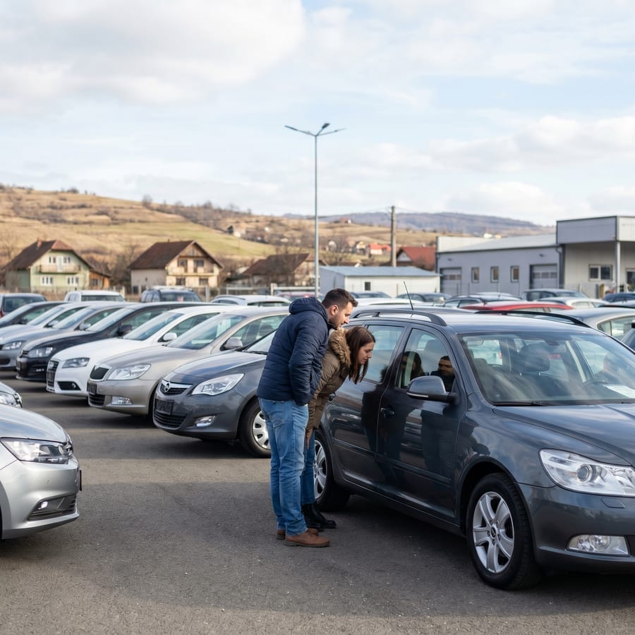 Mașini de vânzare aliniate într-un parc auto din România