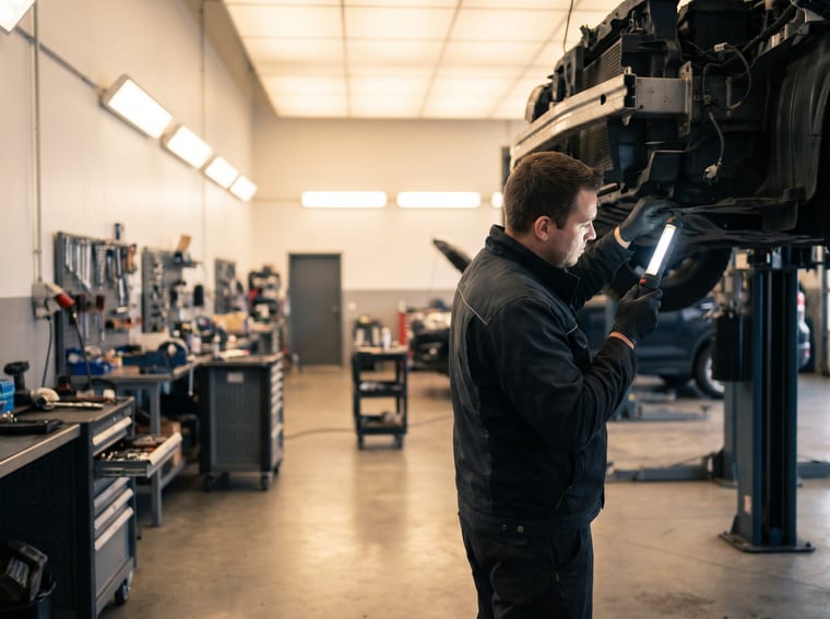 Mecanic lucrând la motorul unei mașini într-un service auto
