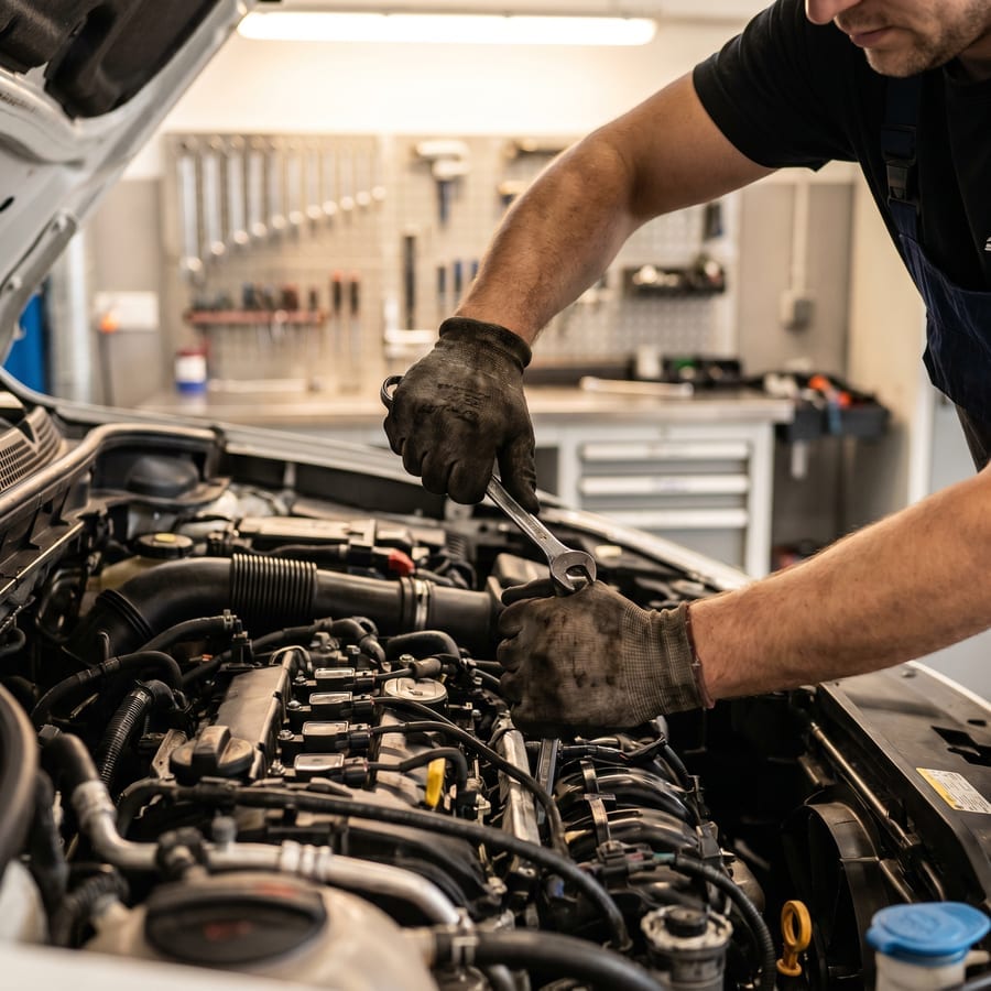 Mecanic lucrând la motorul unei mașini într-un service auto