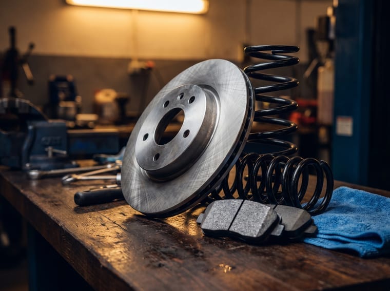 Disc de frână, plăcuțe de frână și o lavetă de microfibră pe bancul unui atelier auto