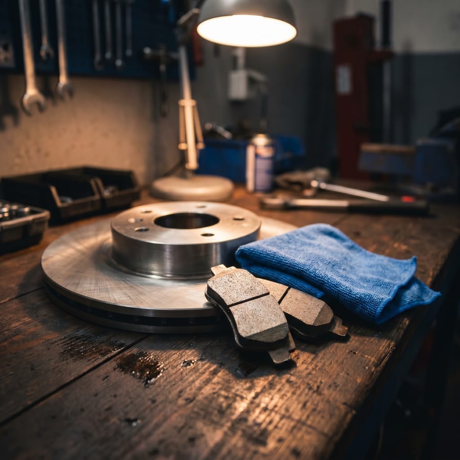 Disc de frână, plăcuțe de frână și o lavetă de microfibră pe bancul unui atelier auto