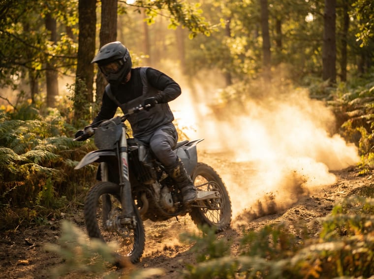 Motociclist de enduro pe un traseu off-road, ridicând praf în lumina apusului