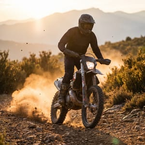 Motociclist de enduro pe un traseu off-road, ridicând praf în lumina apusului