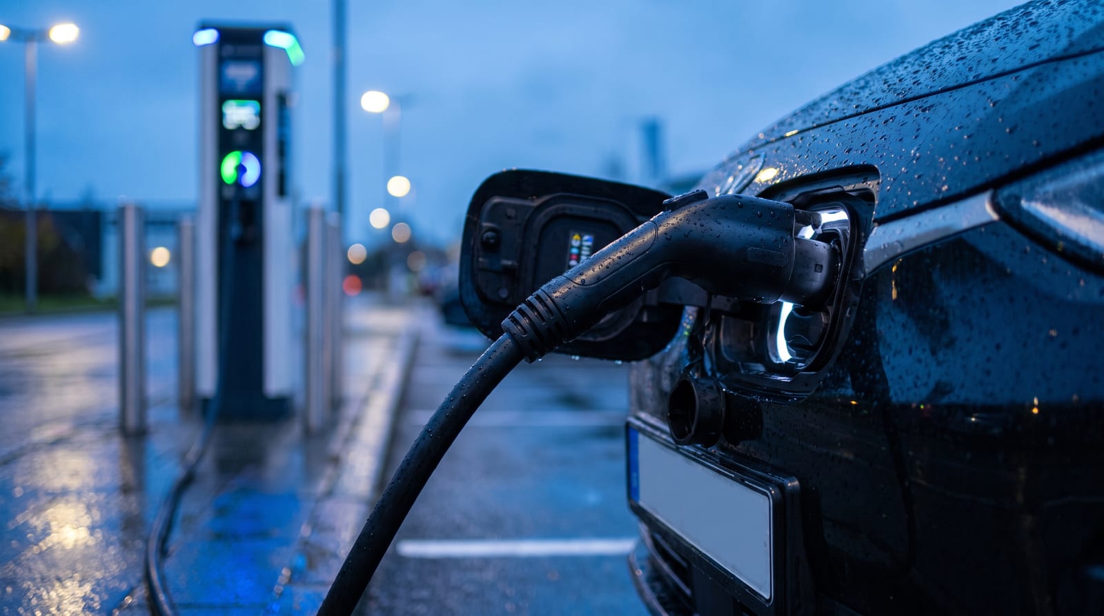 Mașină electrică la o stație de încărcare rapidă, cablu gros conectat, afișaj cu puterea în kilowați