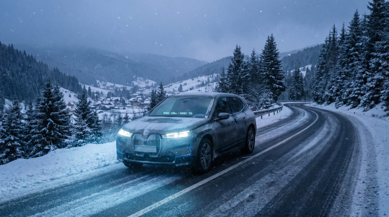 Mașină electrică pe un drum de munte iarna, lumină rece și zăpadă