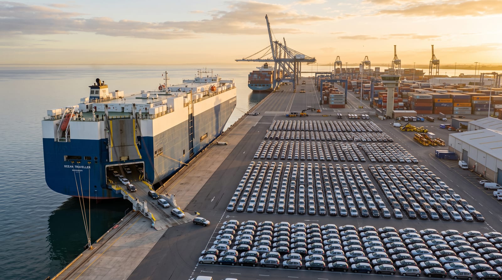Nave de transport auto încărcate cu mașini noi într-un port, pregătite pentru export