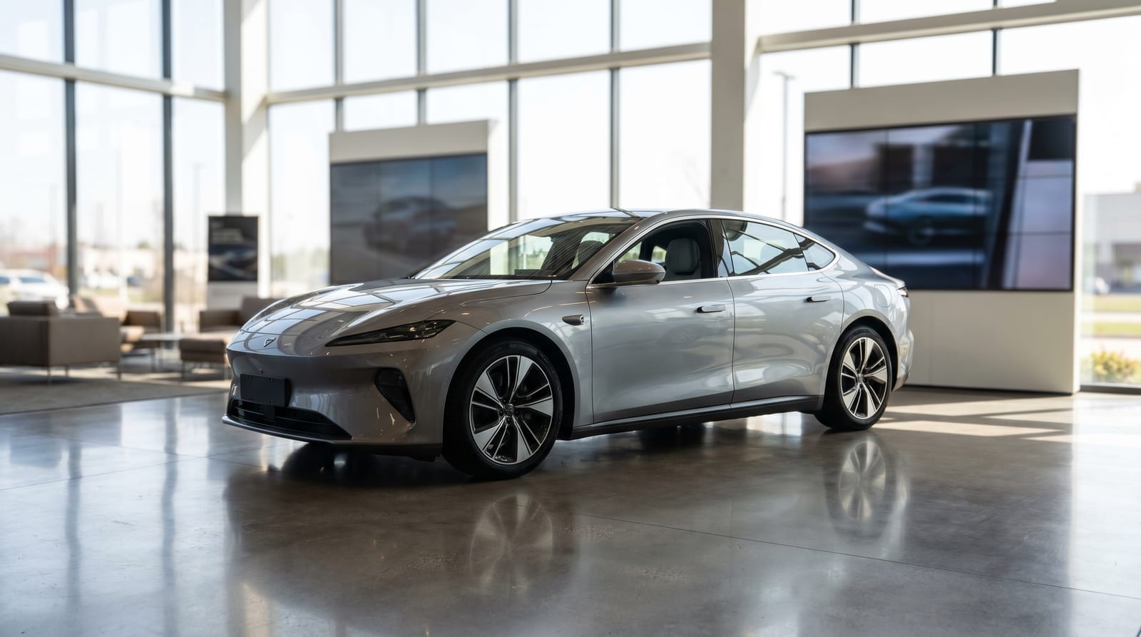 Mașină electrică modernă într-un showroom luminos