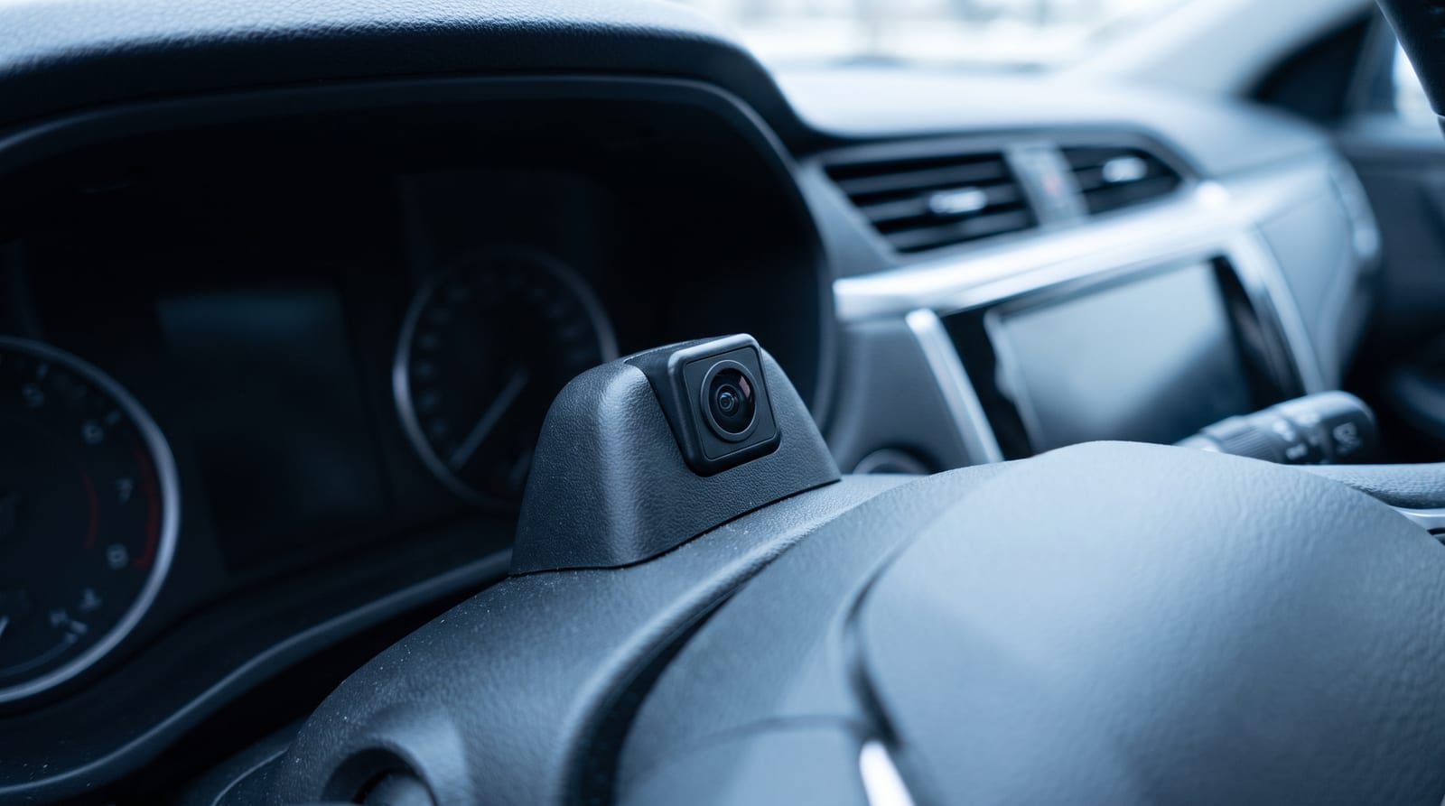 Cameră mică de monitorizare a atenției montată pe coloana de direcție a unei mașini moderne