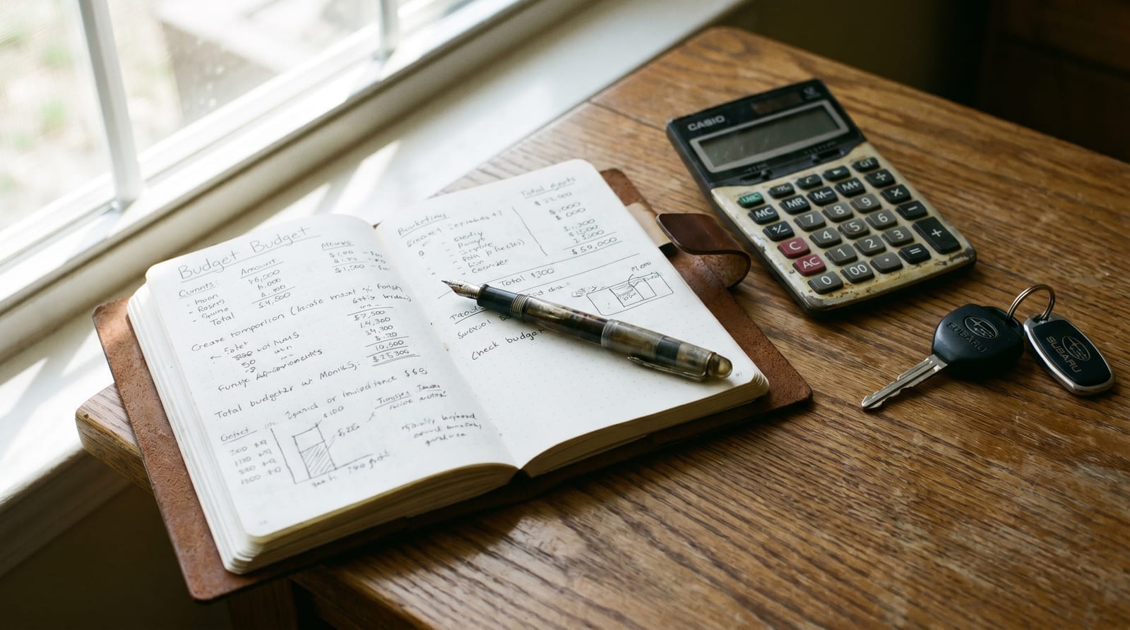 Caiet, calculator și cheie de mașină pe un birou