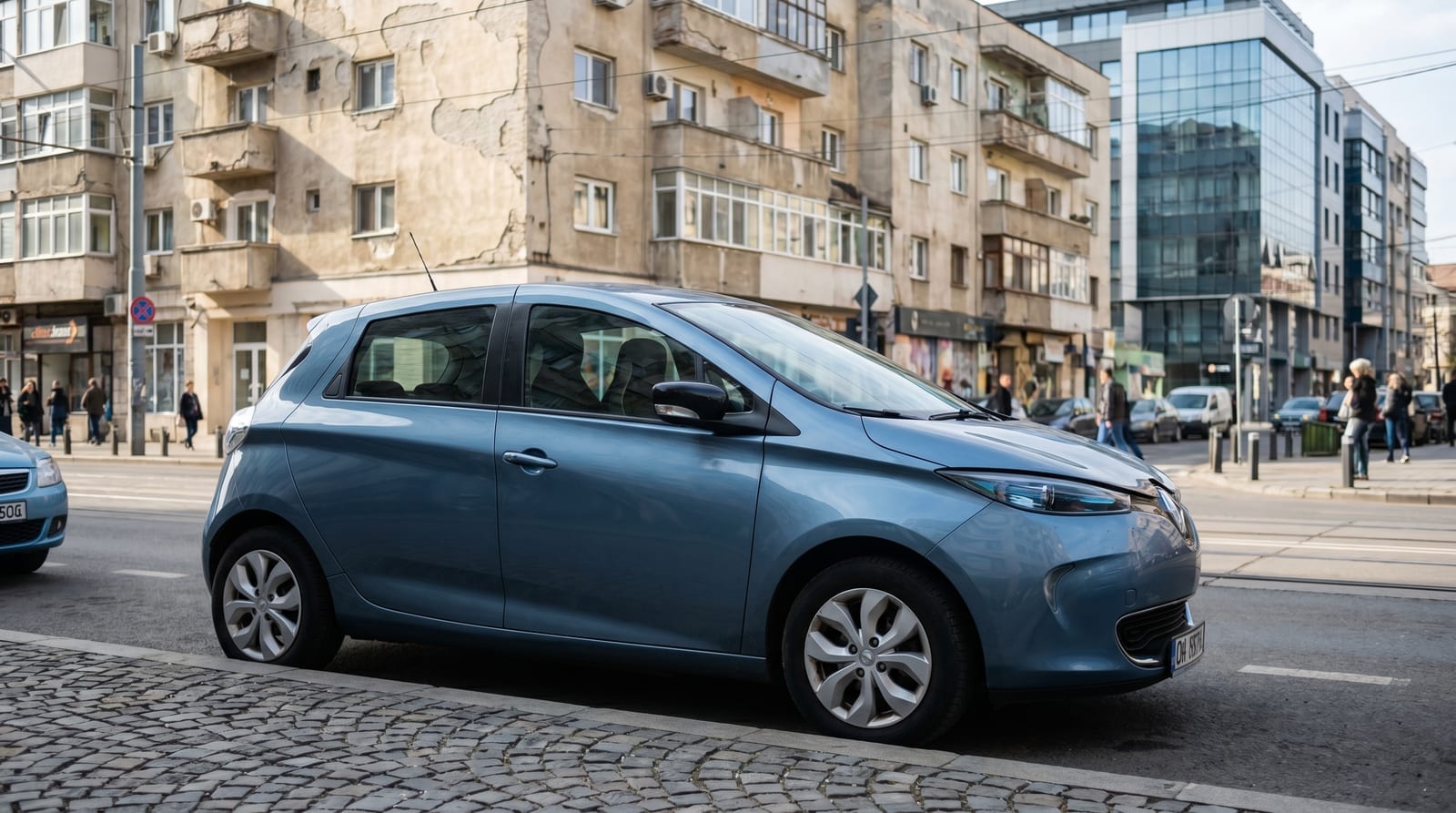 Mașină electrică mică parcată pe o stradă din oraș
