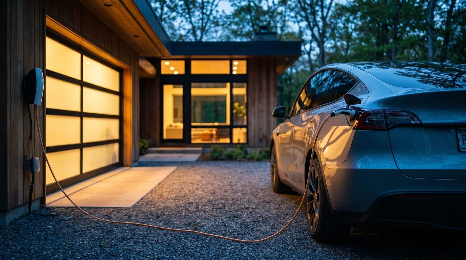 Mașină electrică încărcându-se acasă, la asfințit