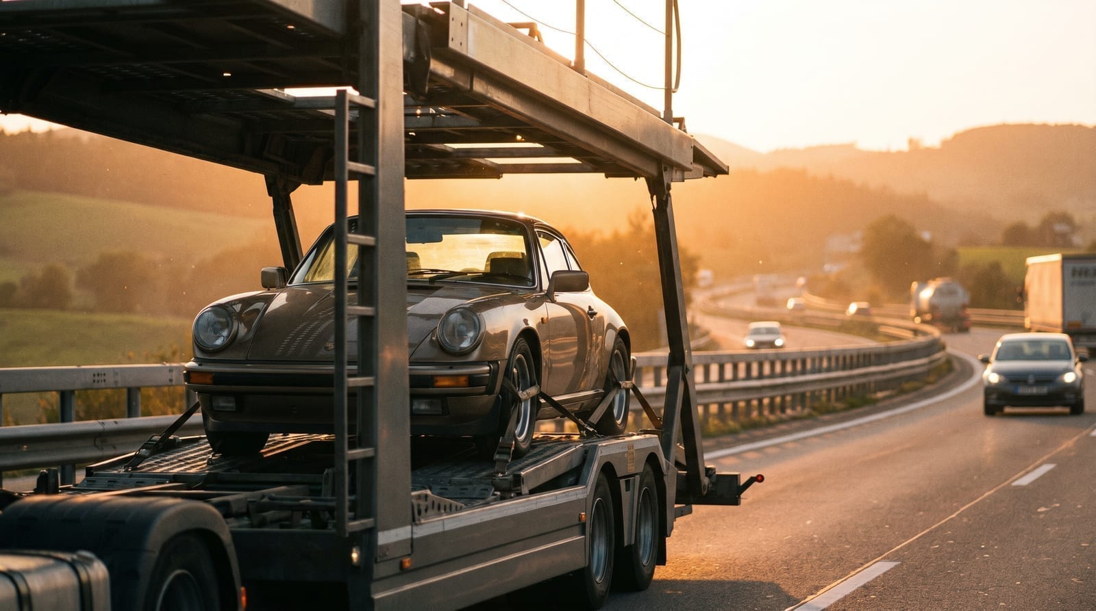 Mașină pe o platformă de transport, pe o autostradă, la apus