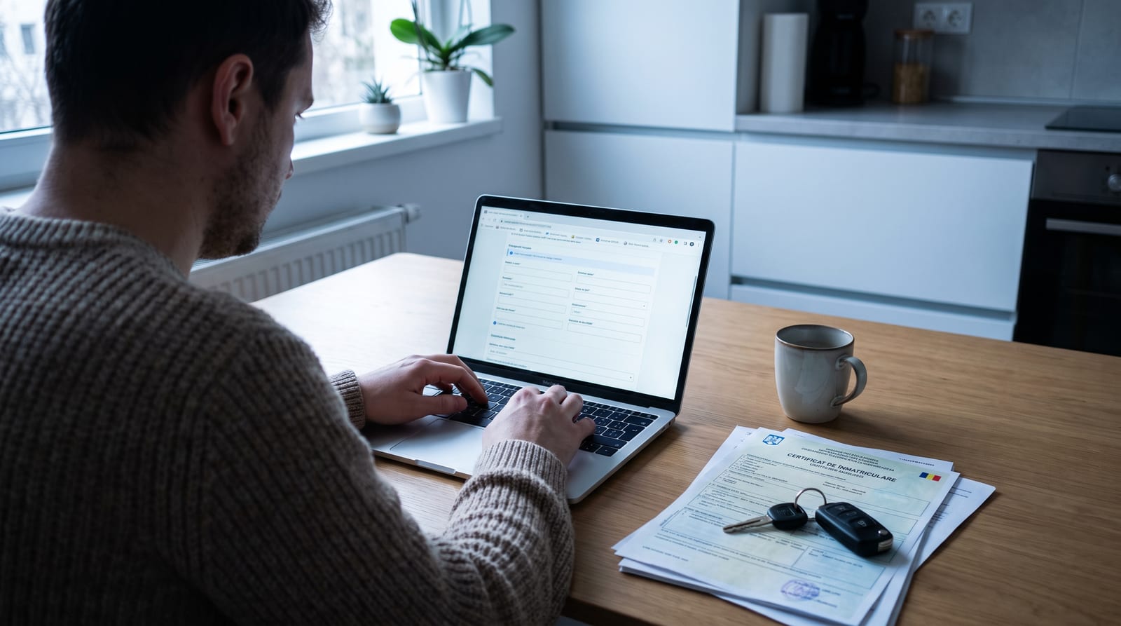Persoană care completează un formular online pe laptop, cu cheile mașinii și actele alături, pe o masă din bucătărie