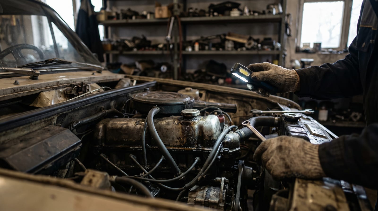Inspecția compartimentului motor al unei mașini second-hand cu o lanternă