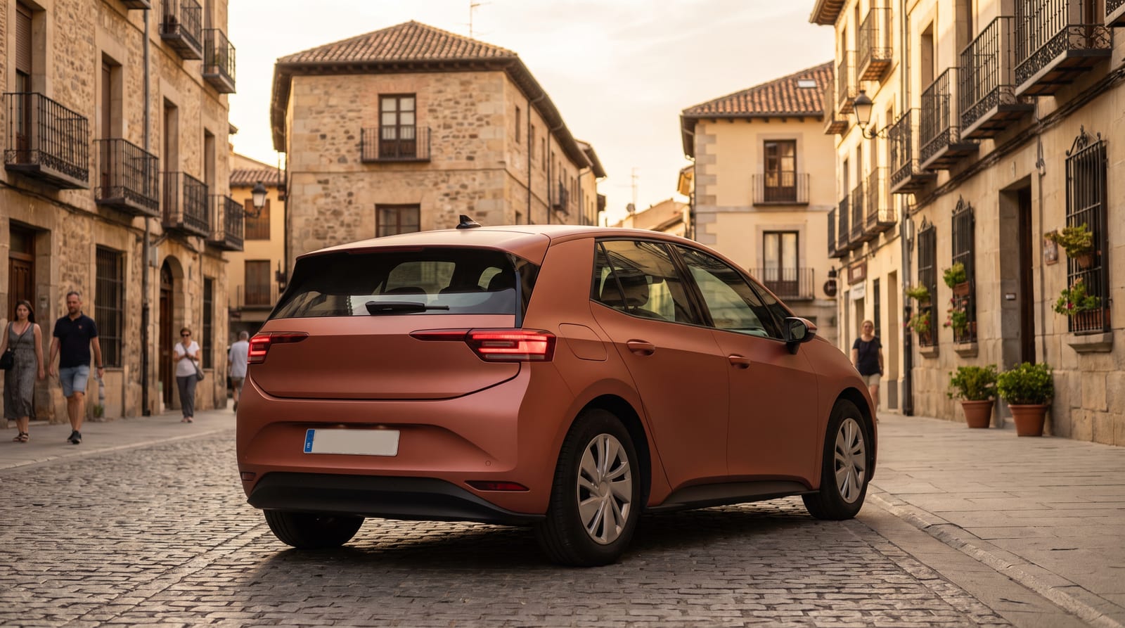 Hatchback electric compact văzut din trei sferturi spate pe o stradă pietruită dintr-un oraș spaniol, în lumină caldă de seară