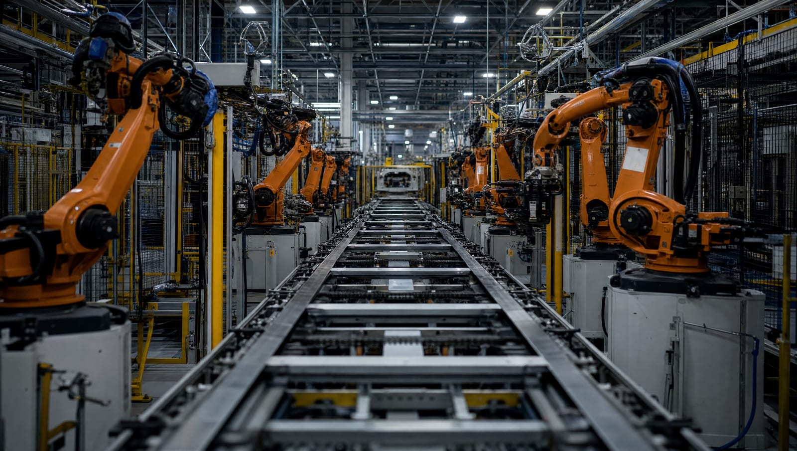 Linie de asamblare auto oprită, cu roboți industriali imobili și hala goală, sub lumină rece
