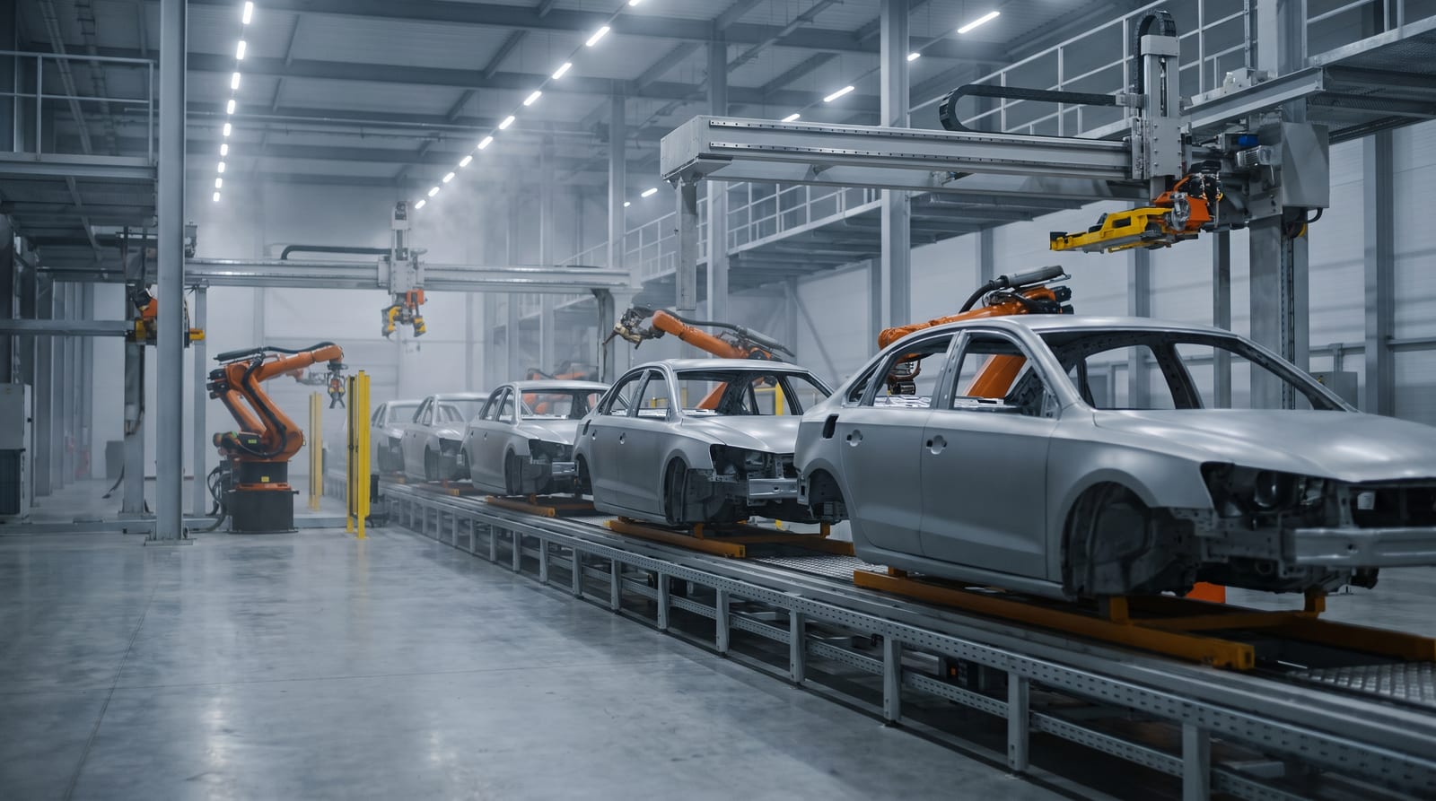 Hală de producție auto cu caroserii pe linie, lumină industrială rece, fără siglă vizibilă