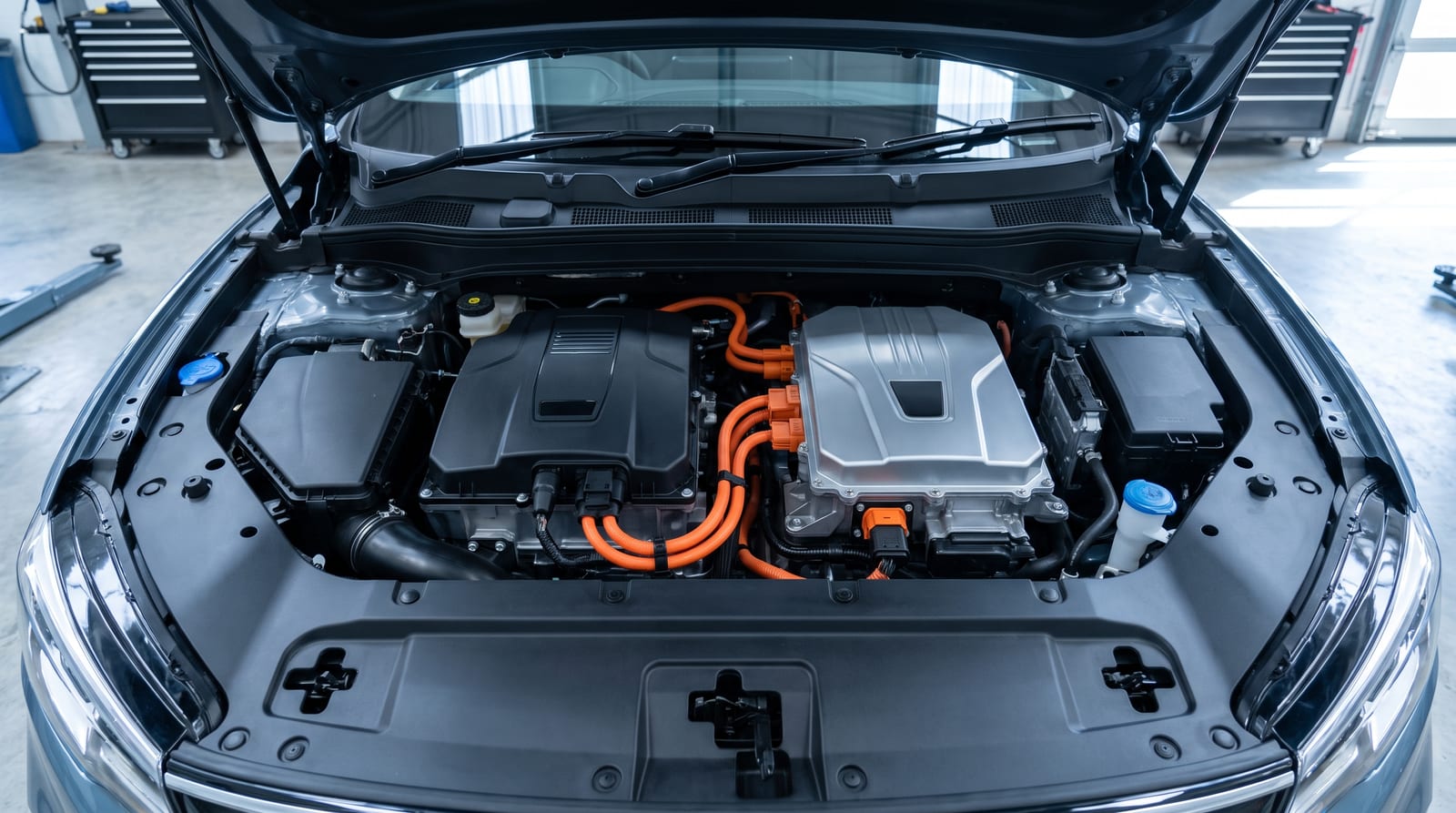 Compartiment motor deschis la un SUV modern, cu blocul generatorului lângă invertorul argintiu și cabluri portocalii de înaltă tensiune între ele