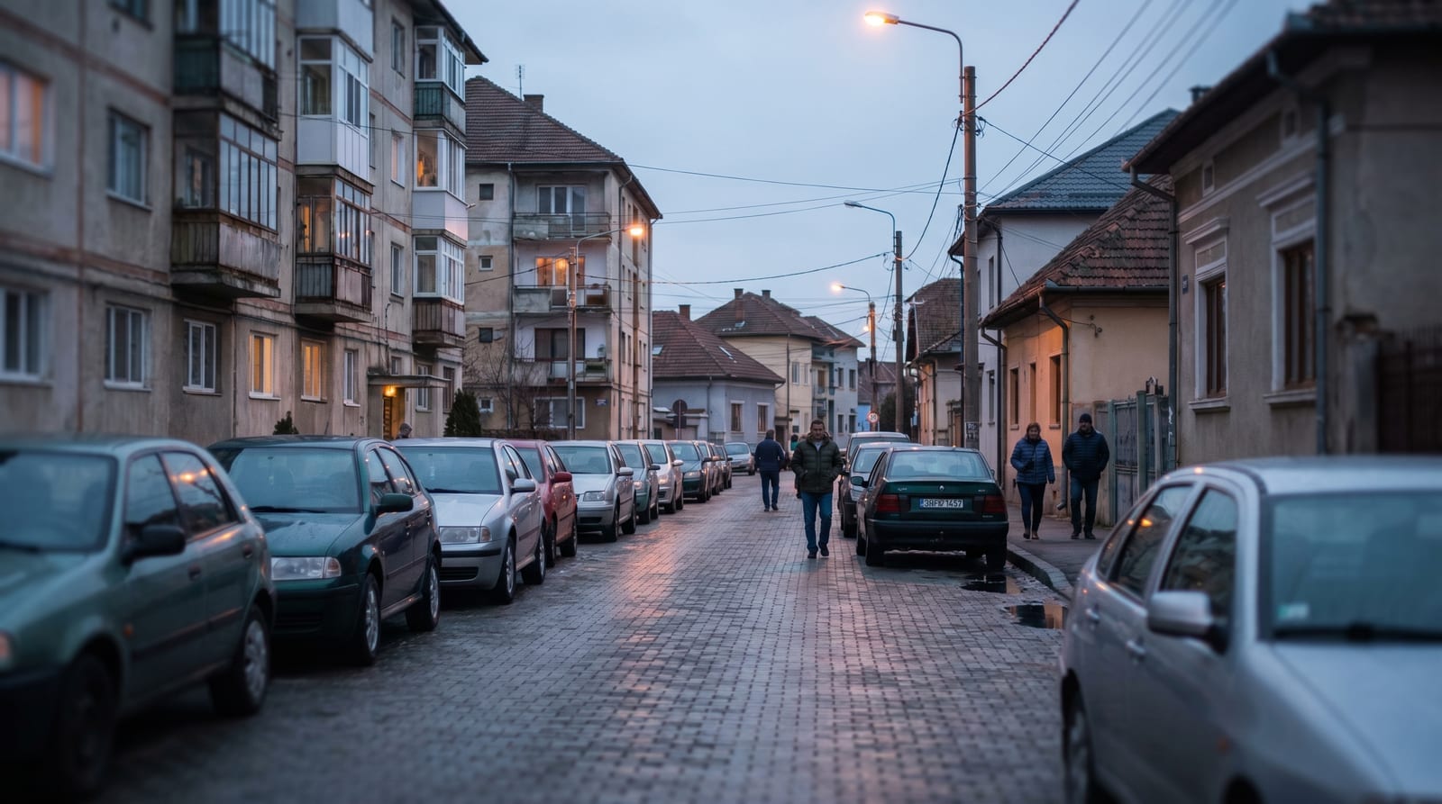 Mașini parcate pe o stradă din oraș, în lumină de seară