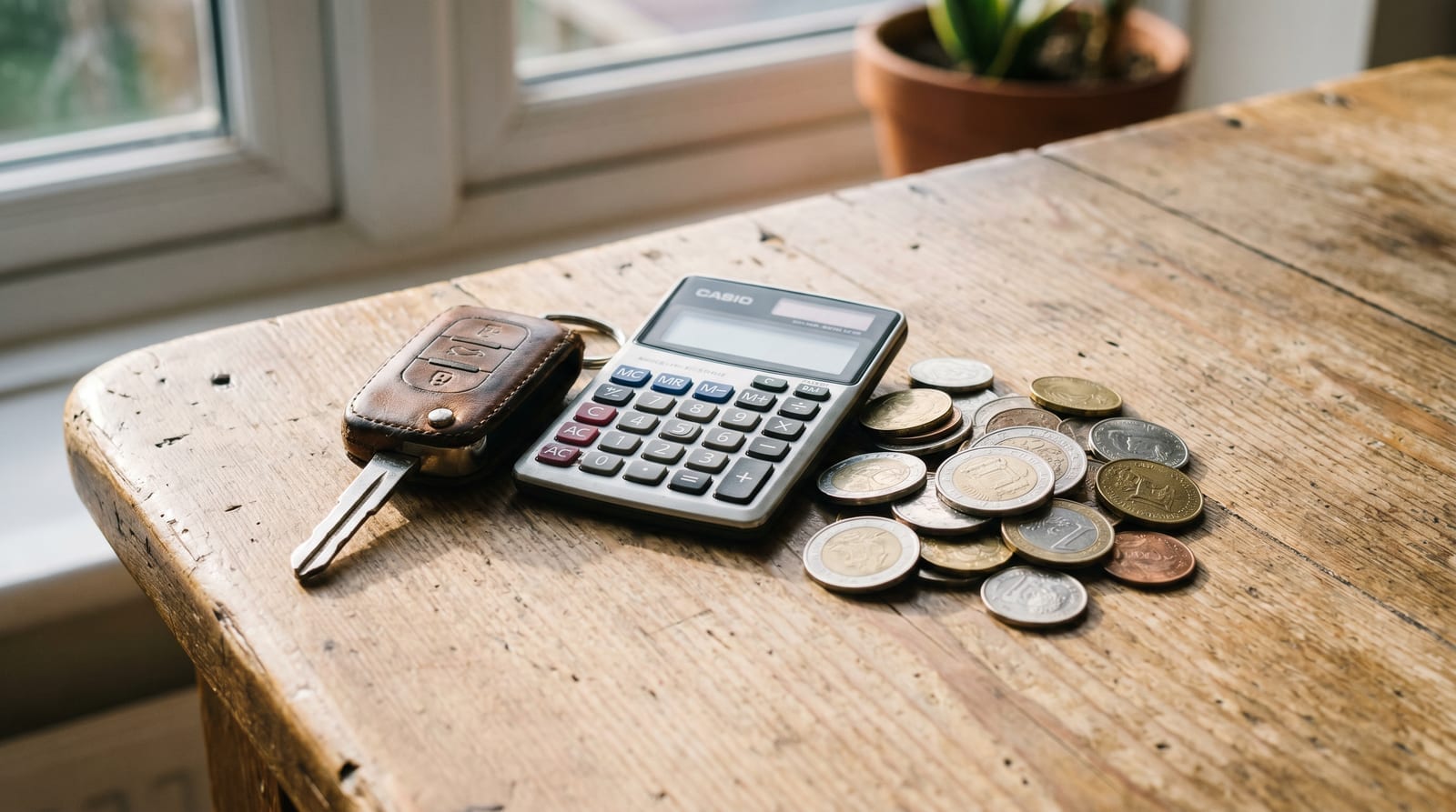 Cheie de mașină, un calculator și un teanc de monede pe un birou