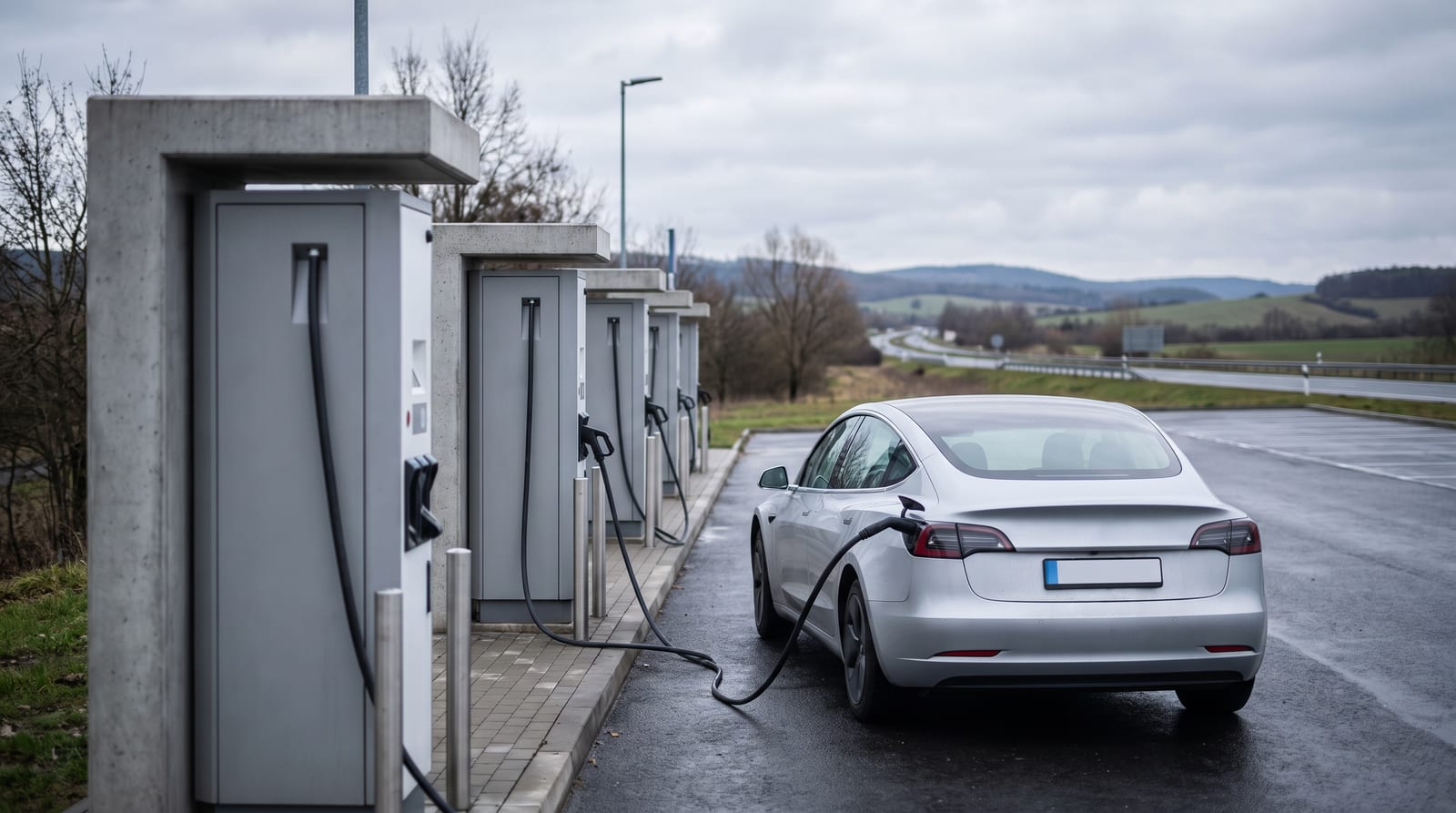 Șir de stații de încărcare rapidă la un spațiu de odihnă de autostradă, cu o mașină electrică argintie conectată la priză