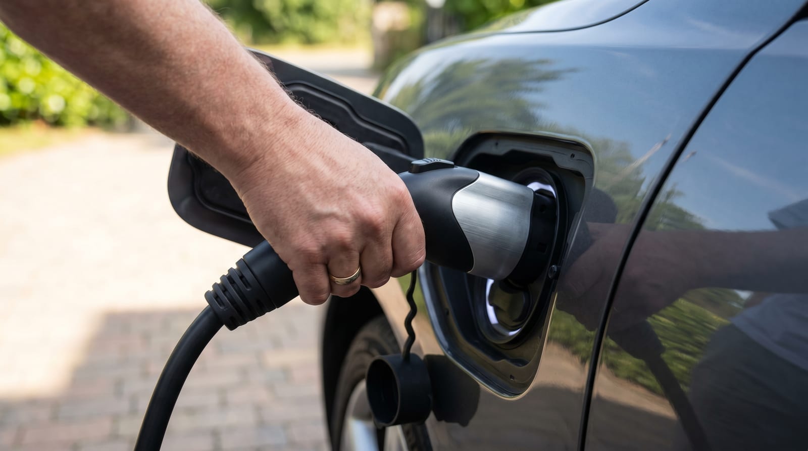 Mâini conectând cablul de încărcare la o mașină electrică