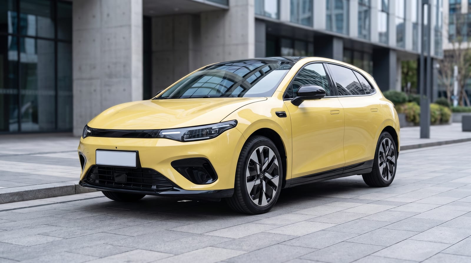 Hatchback electric Leapmotor B05 compact văzut din trei sferturi față, pe o stradă urbană, lumină de zi