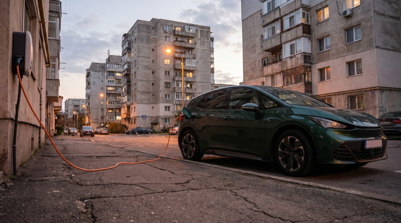 Mașină electrică parcată lângă un bloc, cu cablu de încărcare