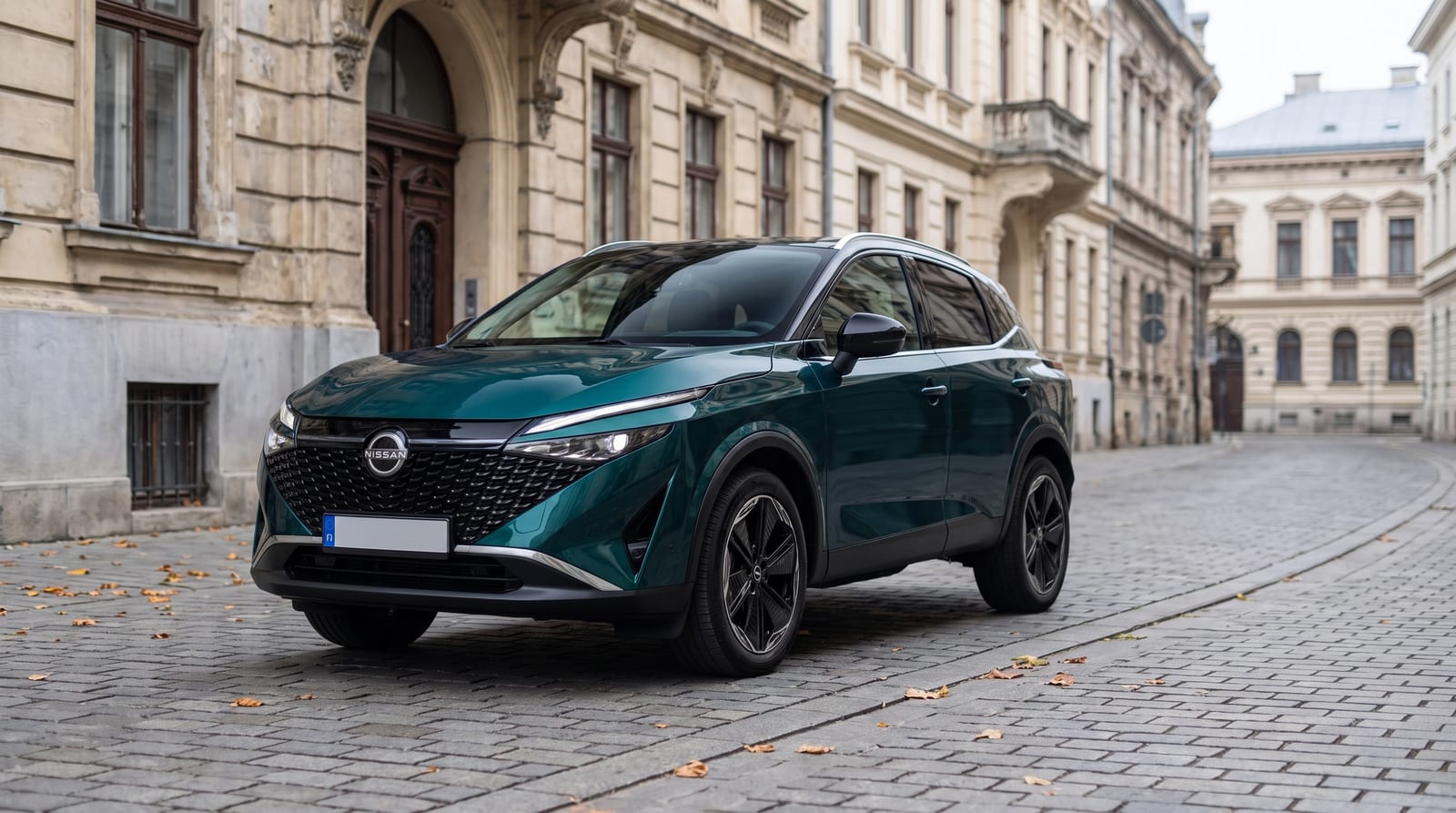 Nissan Qashqai albastru, văzut din față trei sferturi, pe o stradă dintr-un oraș din România