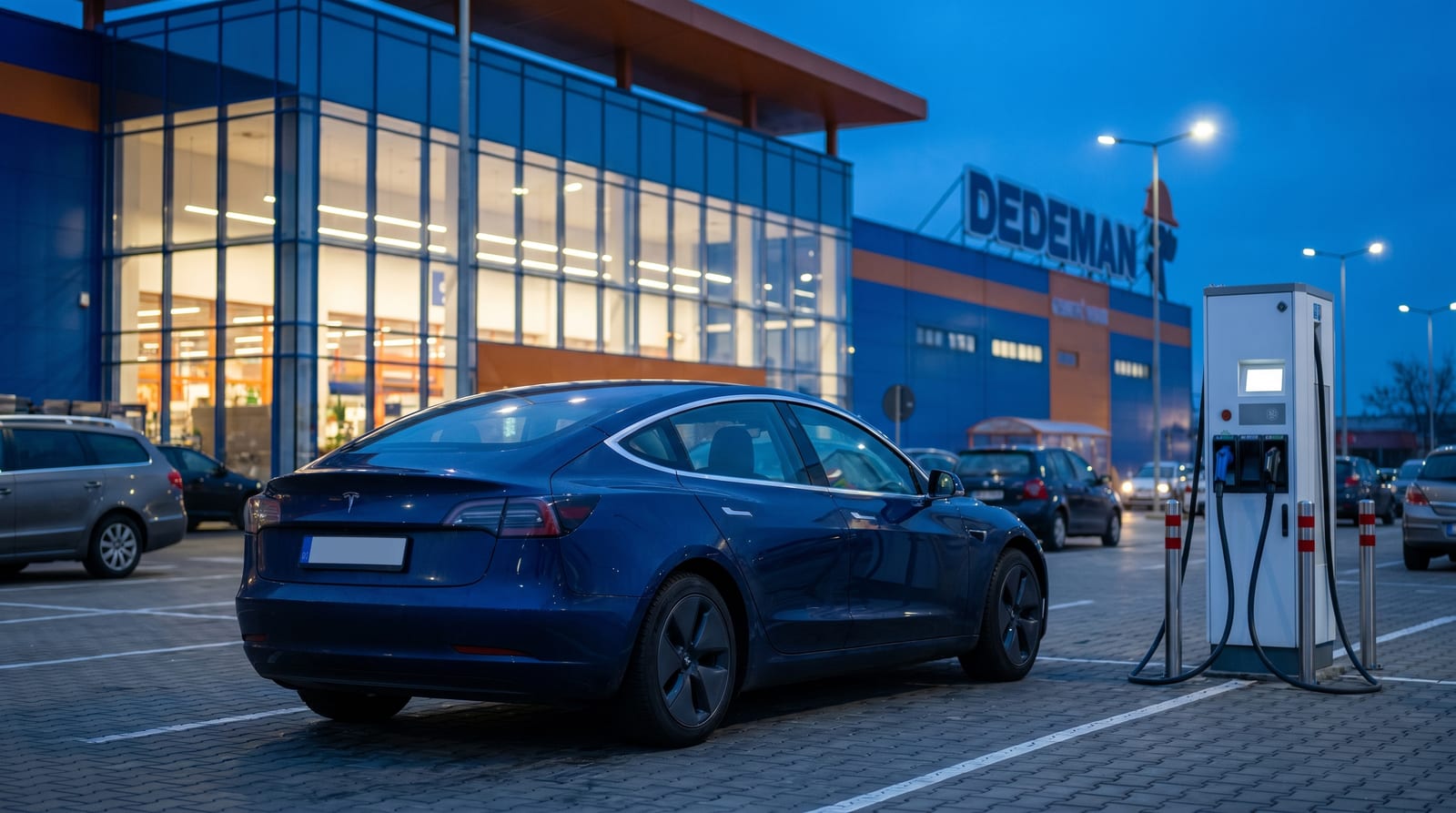 Mașină electrică albastră încărcând la o stație de încărcare în parcarea unui magazin de bricolaj, la apus