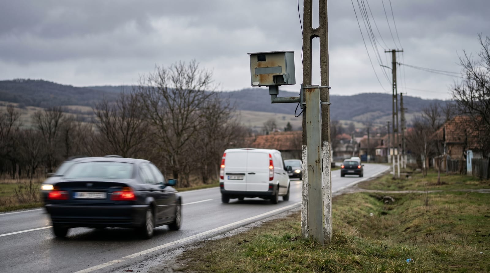 Aparat radar de viteză pe marginea unui drum național din România, mașini trecând pe carosabil