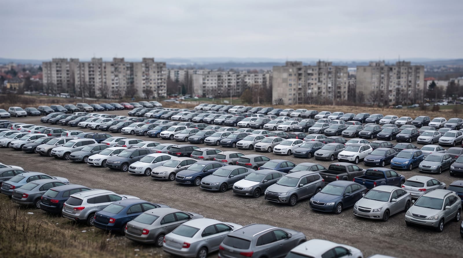 Parcare întinsă, plină cu mașini, la marginea unui oraș din România, cu blocuri pe fundal într-o zi mohorâtă