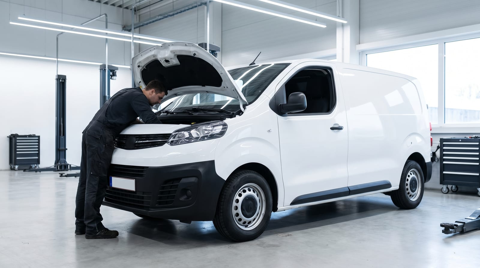 Dubă albă de livrări cu capota ridicată într-un service auto modern, un mecanic verifică motorul