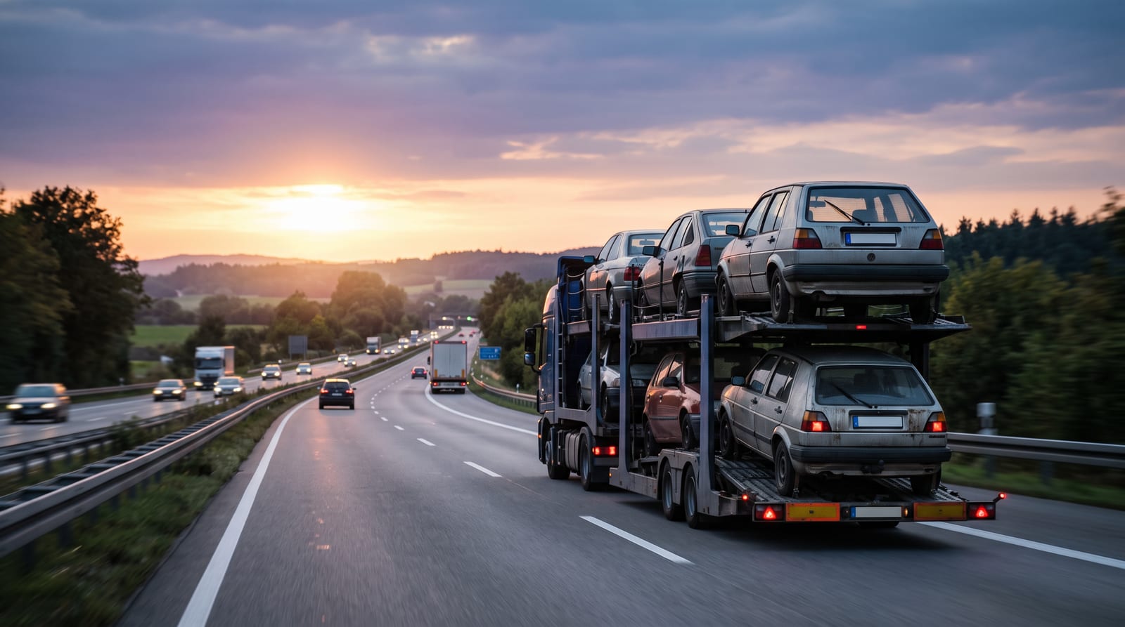 Platformă de transport auto încărcată cu mașini rulate, rulând pe o autostradă din Germania la apus
