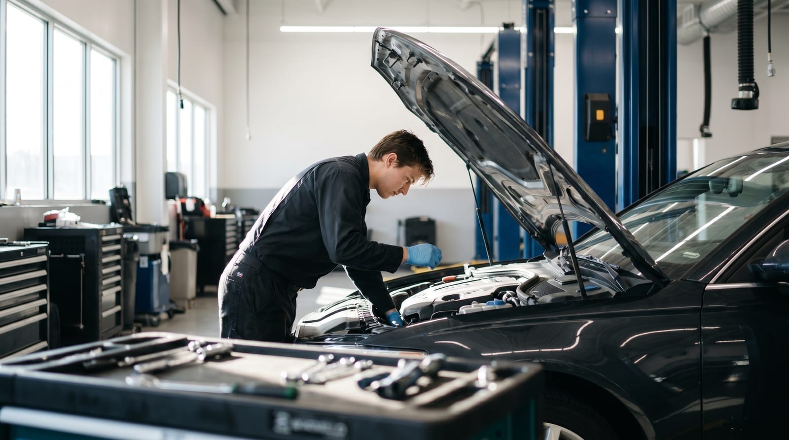 Mecanic lucrând la motorul unei mașini într-un service
