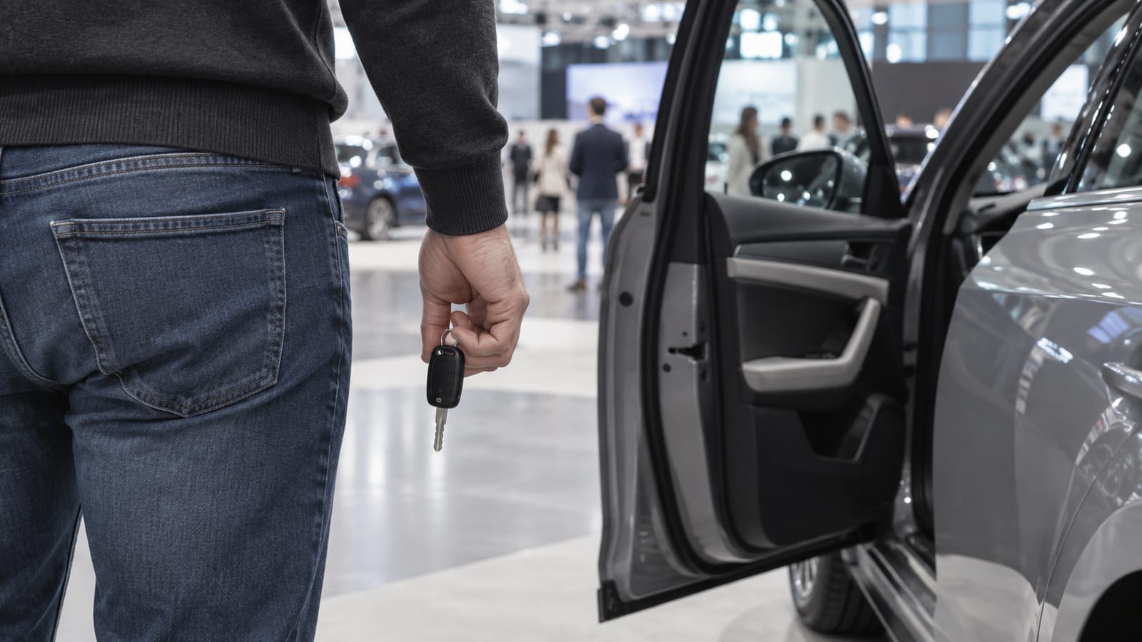 Imagine ilustrativă pentru Salonul Auto București 2026: un vizitator cu o cheie auto lângă portiera unei mașini