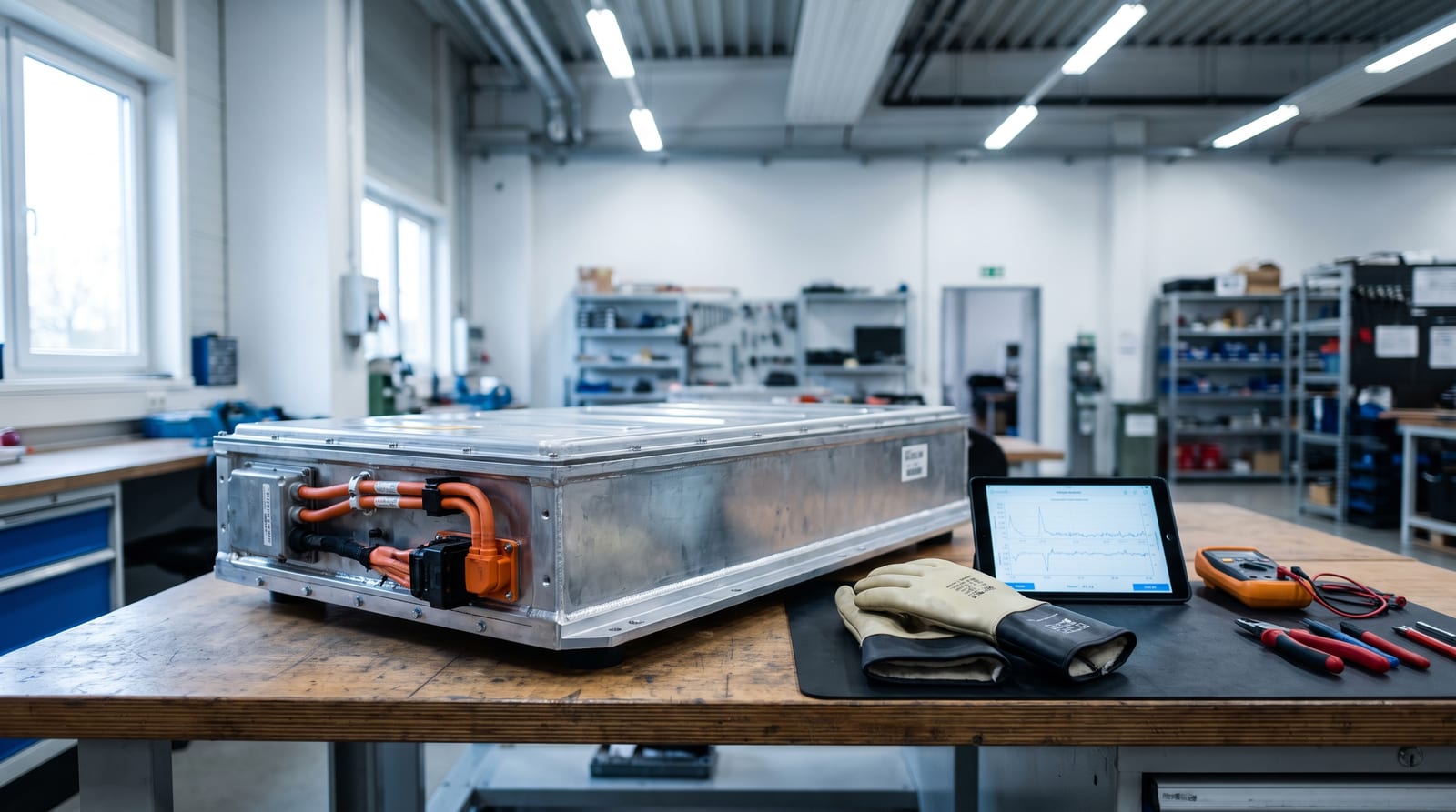 Modul de baterie de mașină electrică pregătit pentru recondiționare într-un atelier