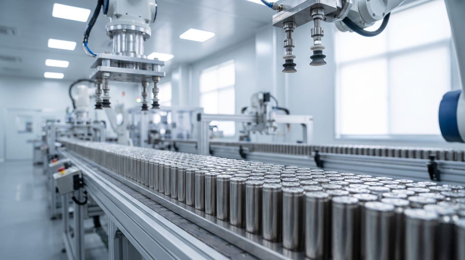 Celule cilindrice de baterie aliniate pe o linie de producție automatizată, în lumină rece de hală industrială