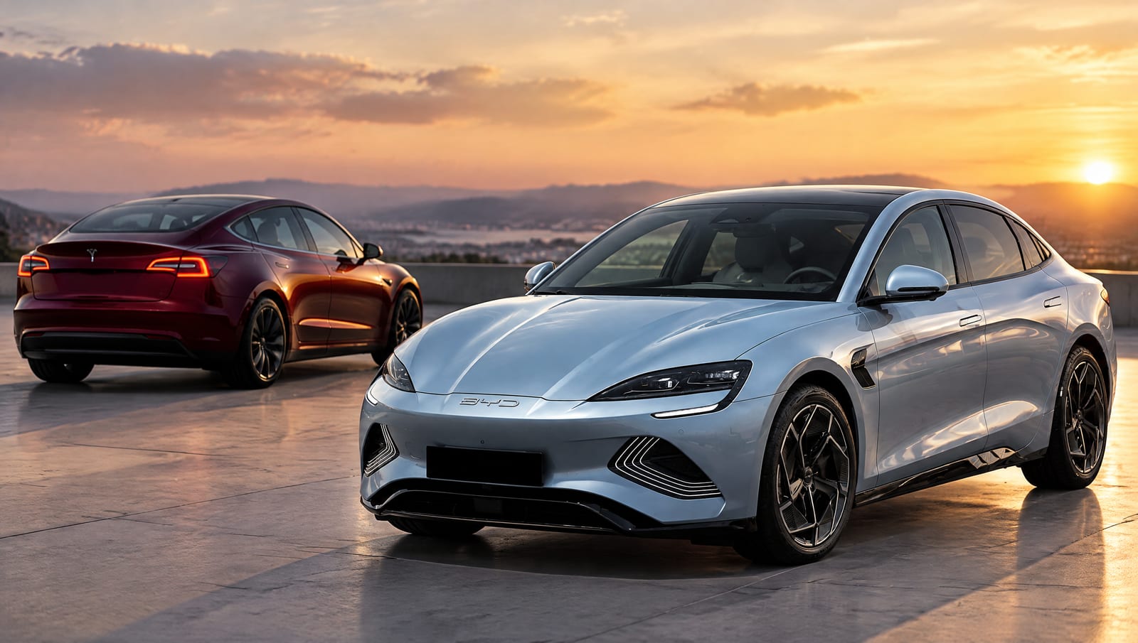 BYD Seal gri-albastru în prim-plan și Tesla Model 3 roșie în plan secund, pe o esplanadă betonată, la apus