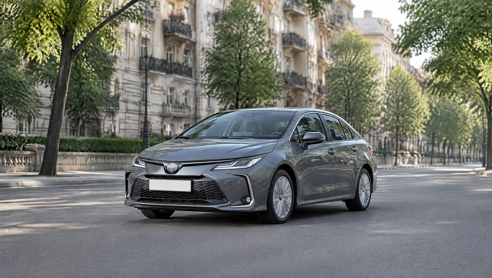 Toyota Corolla sedan gri, văzută din față trei sferturi, pe o stradă liniștită din România