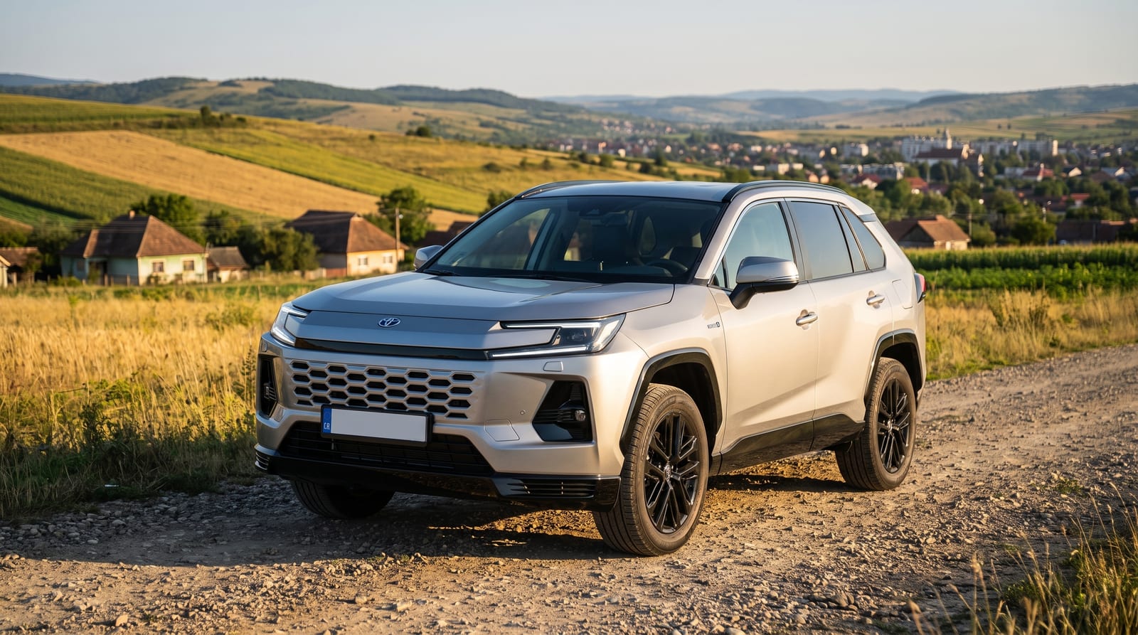 SUV hibrid Toyota RAV4 generația a șasea parcat pe un drum din afara orașului, lumină de după-amiază