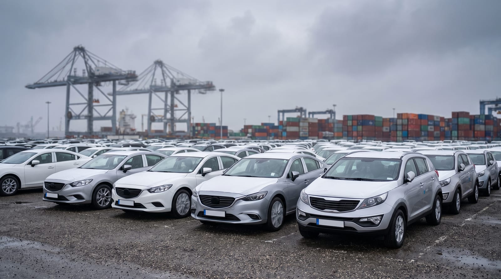 Mașini noi în portul de import, șiruri de vehicule sub cer înnorat, fără siglă vizibilă