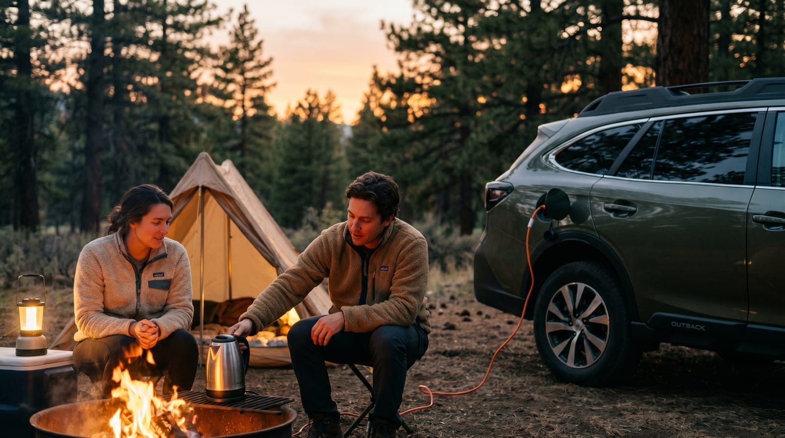 Aparat alimentat de la priza unei mașini electrice, la camping