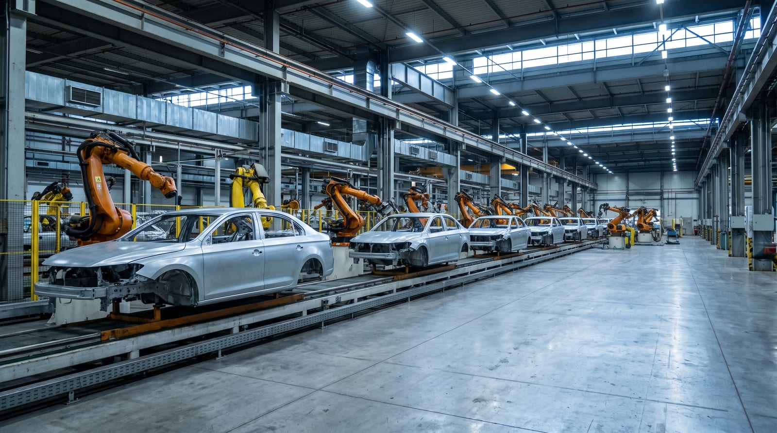 Hală de producție auto cu caroserii nevopsite oprite pe linia de asamblare și brațe robotizate, fără niciun muncitor, în lumină industrială rece