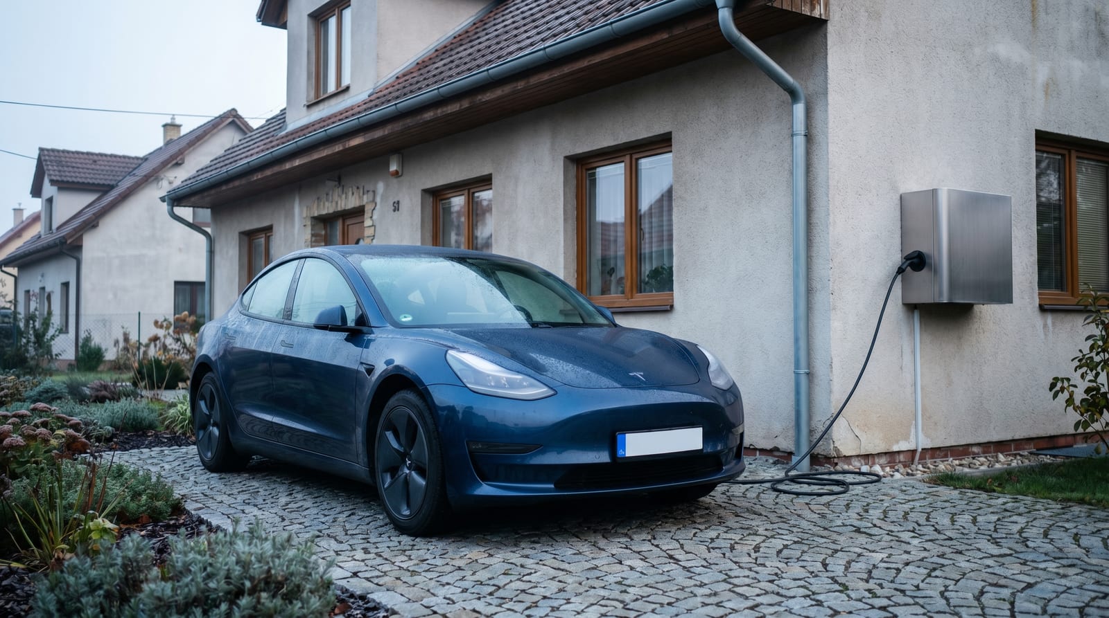 Wallbox montat pe peretele unei case, cu mașină electrică la încărcat pe alee, dimineața