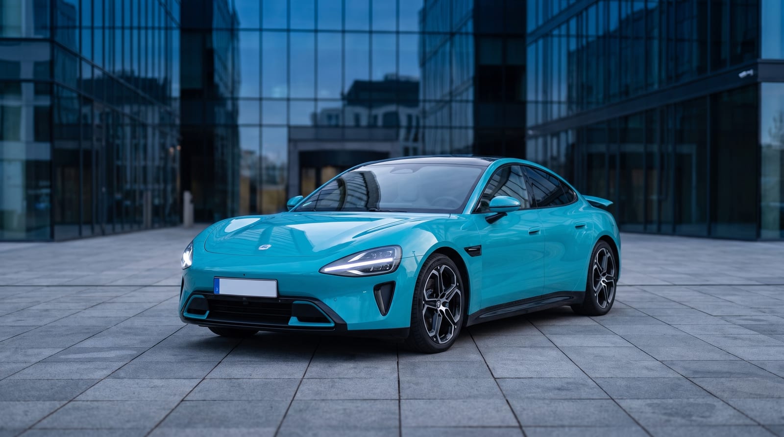 Xiaomi SU7, berlină electrică fastback în Aqua Blue, văzută din față trei sferturi