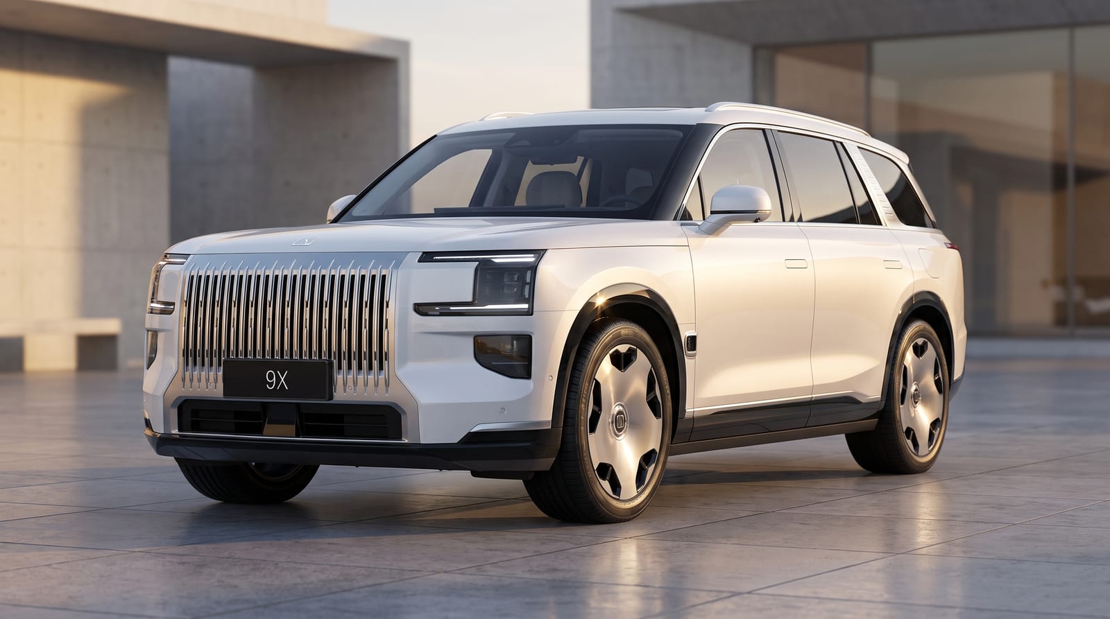 SUV electric mare Zeekr 9X în profil, faruri aprinse, fundal urban de seară